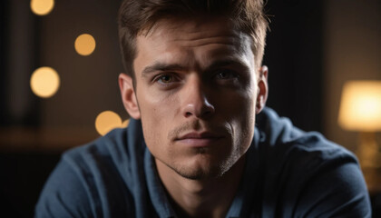 Fototapeta premium Serious Man Portrait with Focused Gaze and Moody Lighting Indoors