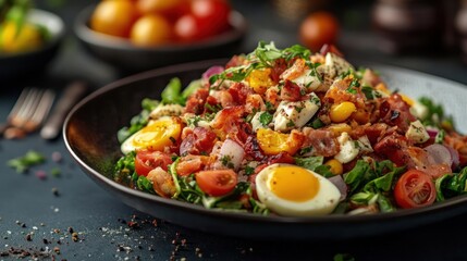 A colorful salad with mixed greens and various vegetables.