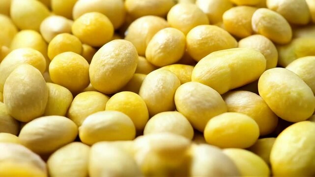 Close-up macro shot of golden pile of peeled macadamia nuts showcasing rich texture and color. Healthy Food concept