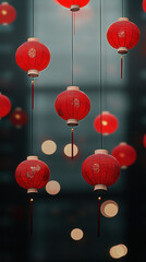 Vibrant Red Lanterns Decorate a Modern Urban Space with Bokeh Effect