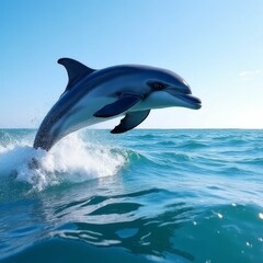 Fototapeta premium Energetic Dolphin Leaping Above Ocean Waves in Bright Blue Waters Under Clear Sky