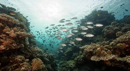 Naklejka premium Vibrant underwater scene with diverse marine life and coral.
