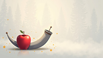 Shofar and apple on a light background, Rosh Hashanah design. Great for greeting cards, websites, social media posts, and educational materials.