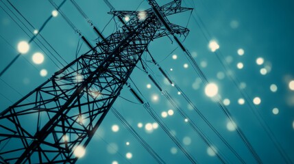 Glowing power grid nodes with a data center backdrop, symbolizing sustainable energy innovation.
