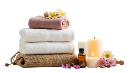 stacked towels candles essential oils decor spa png