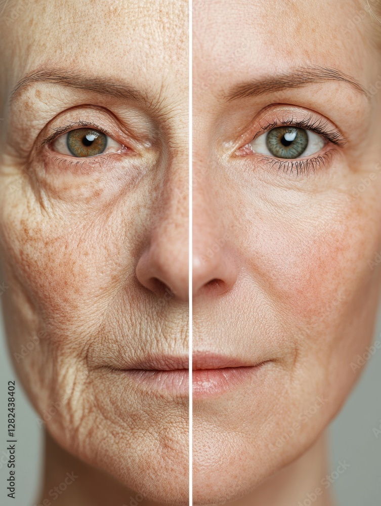 Poster transformation of a face showing aged skin on the left and youthful skin on the right with clear con