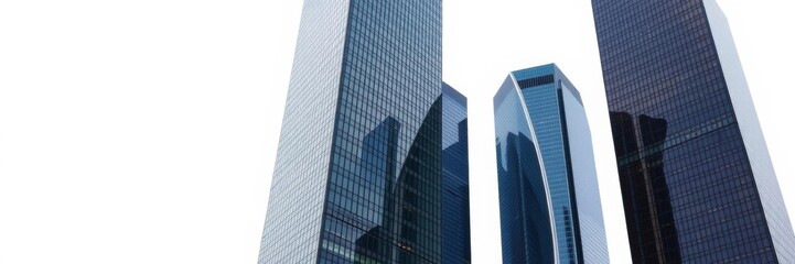 Obraz premium Four sleek glass skyscrapers standing tall against a white background, with ample copy space for text, urban, skyscrapers, cityscape