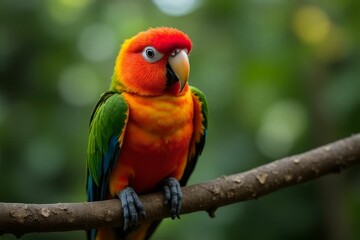 Obraz premium Colorful Parrot Perched on a Branch in Lush Greenery Captured in Stunning Detail with Soft Background Bokeh Effect