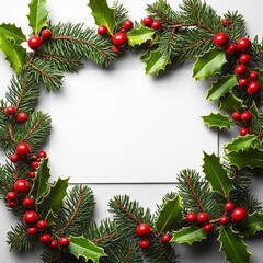 hyper realistic photo of  Fir tree branches with red christmas balls frame , isolated on white background,  , copy space, copy space for text,
