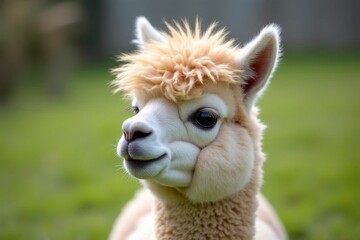Obraz premium Adorable Alpaca with Fluffy Coat and Playful Expression on a Sunny Day in a Green Pasture