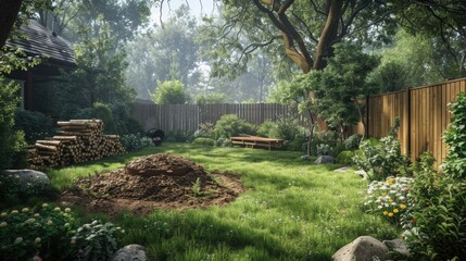 Tranquil Garden Scene with Green Grass and Rustic Wooden Fence
