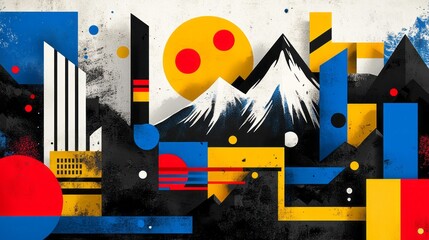Geometric abstraction depicts mountains sun and architectural elements