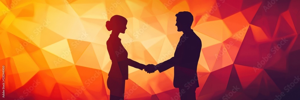 Poster Silhouettes of two business professionals shaking hands in an abstract setting during a successful negotiation. Generative AI