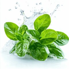 Obraz premium Fresh Green Spinach Leaves Splashing in Clear Water Displaying Purity and Natural Hydration