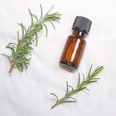 Rosemary oil in bottle with rosemary plants on wthite background.
