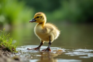 Obraz premium Adorable baby duckling standing in calm water, surrounded by lush greenery, capturing the essence of nature and wildlife photography