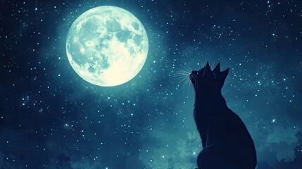 A bewitching illustration of a black cat gazing at the bright full moon, surrounded by stars in a dark night sky