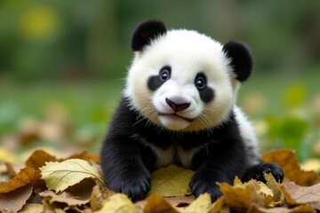 Adorable baby panda resting on colorful autumn leaves with a curious expression in a natural habitat setting