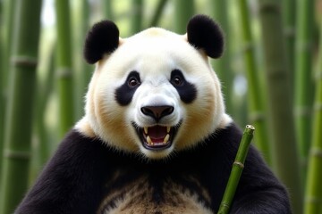 Obraz premium Playful Panda Smiling Among Lush Green Bamboo Forest in Vibrant Natural Habitat