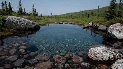 Clear mountain pool, rocks, tundra.  Possible use travel brochure