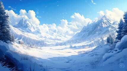 A breathtaking winter valley with untouched snow, offering a clean and bright setting for product advertising.
