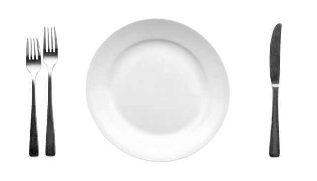 top view Empty plate, fork and knife png