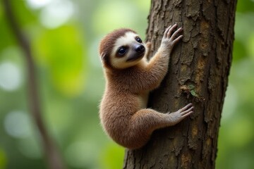 Fototapeta premium Adorable sloth climbing a tree in a lush green forest, showcasing its playful nature and agile movements in the wild