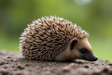 Fototapeta premium Adorable close-up of a hedgehog resting on the ground surrounded by soft green grass in a blurred natural environment