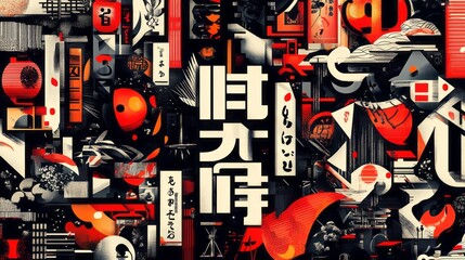 Abstract japanese inspired design featuring kanji lanterns and geometric shapes
