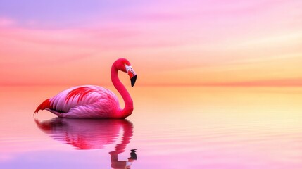Fototapeta premium Elegant Flamingo Standing Gracefully in Serene Sunset Reflection