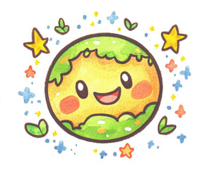 A cheerful, cartoonish planet with a smiling face, surrounded by colorful stars and leaves, representing happiness and nature.