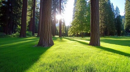 Obraz premium Sunlight Filtering Through Tall Trees in a Lush Green Forest