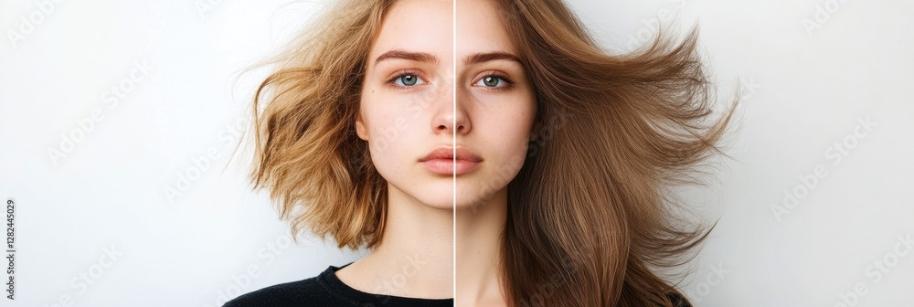 Aufkleber Transformation of hair from unkempt to stylish showcasing two distinct styles in one view. Generative AI