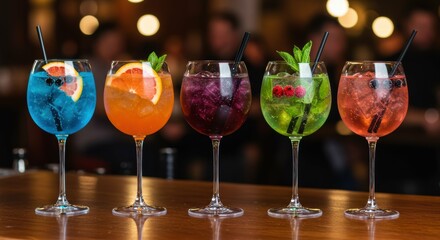 Colorful cocktails arranged on a bar table create a festive atmosphere.