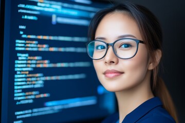 Portrait of Asian Female Startup Digital Entrepreneur Working on Computer, Line of Code Projected on His Face and Reflecting Software Developer Working on Innovative e-Commerce App using AI,