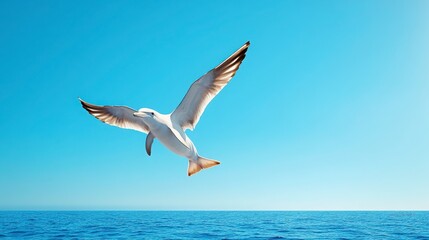 Obraz premium Seagull Flying Over Calm Blue Ocean Under Clear Sky