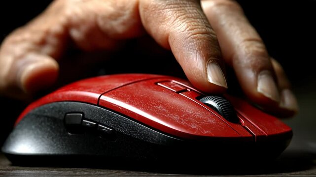 Close-up of a hand using a red computer mouse.