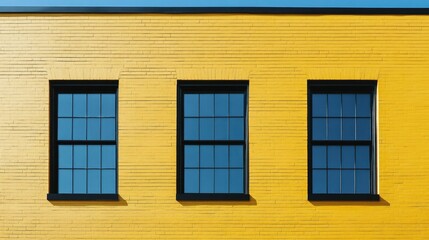 Fototapeta premium A contemporary building with three sleek black windows adding depth and contrast to a sunny yellow brick exterior.