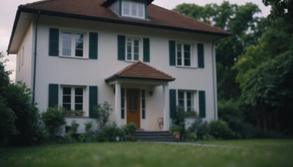 Charming Two-story Home with Green Shutters and Lush Green Lawn