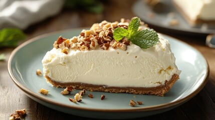 A creamy vanilla ice cream pie with a crunchy nut topping and fresh mint, elegantly presented on a dessert plate.