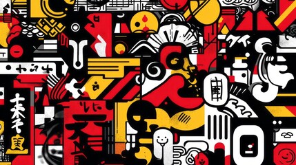 Abstract art featuring geometric shapes and asian inspired designs