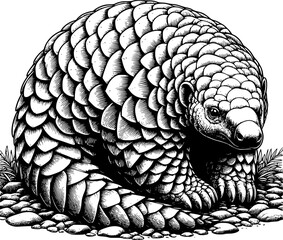 Black and white illustration of a pangolin, pangolin lineart