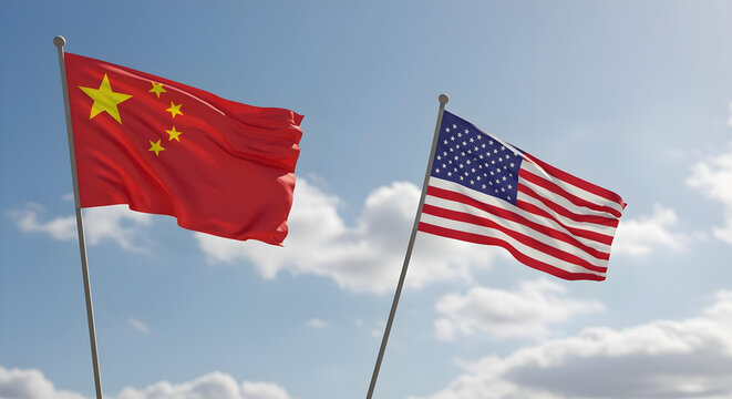 flag of china and usa in front of blue sky