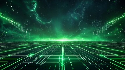 Futuristic Green Cityscape with Interconnecting Lines and Stellar Background