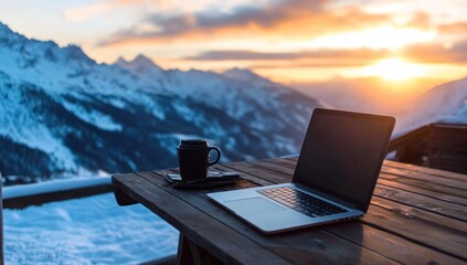 Laptop and Coffee at Sunset in the Mountains: A Peaceful Workspace