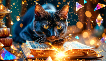 A magical cat tells fortunes on a Magic Book from the wizard's room, cyclic video