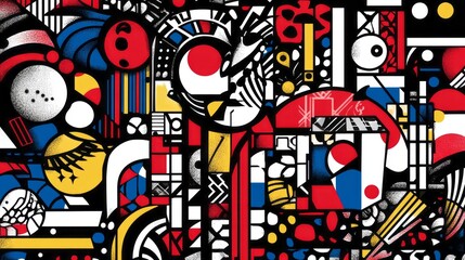 Abstract artwork featuring geometric shapes and primary color palette