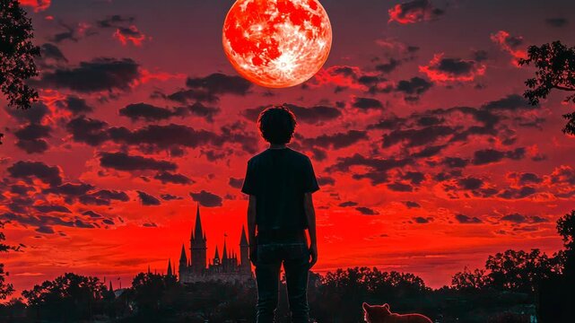 Silhouette of a person and cat watching a red moon and castle at sunset.