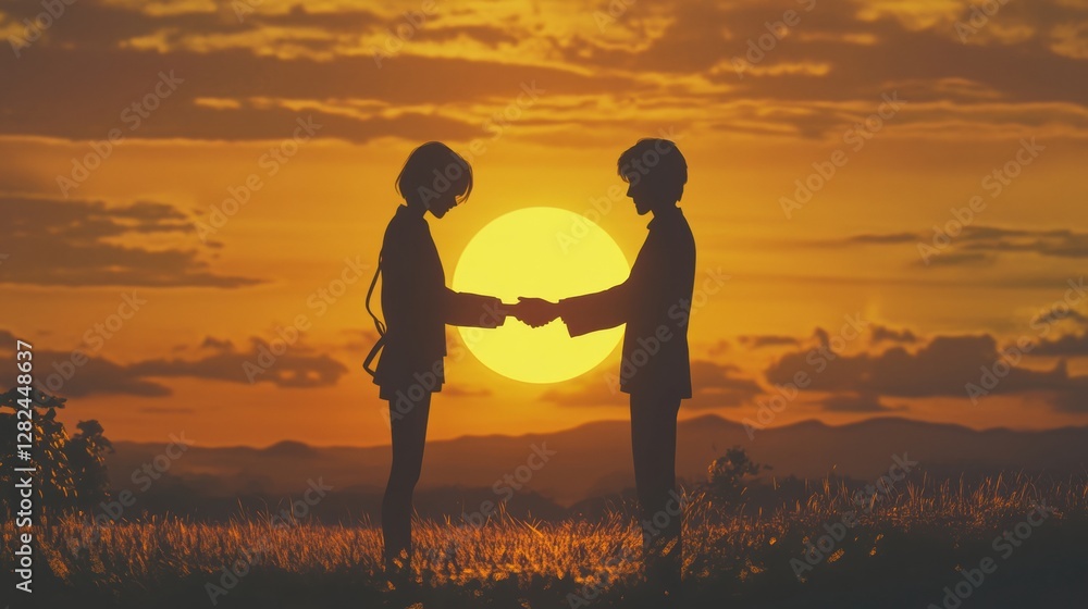 Poster silhouettes of two business partners sealing a deal against a stunning sunset backdrop in an abstrac