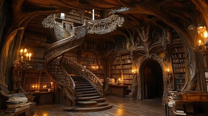 Obraz premium A fantasy library with intricate wooden carvings, dim candlelight, and a hidden portal among the books.